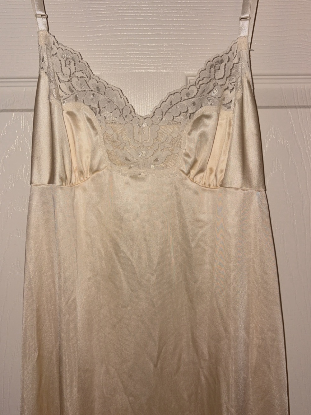 vassarette Lace-Trim Satin Chemise in Champagne Ivory